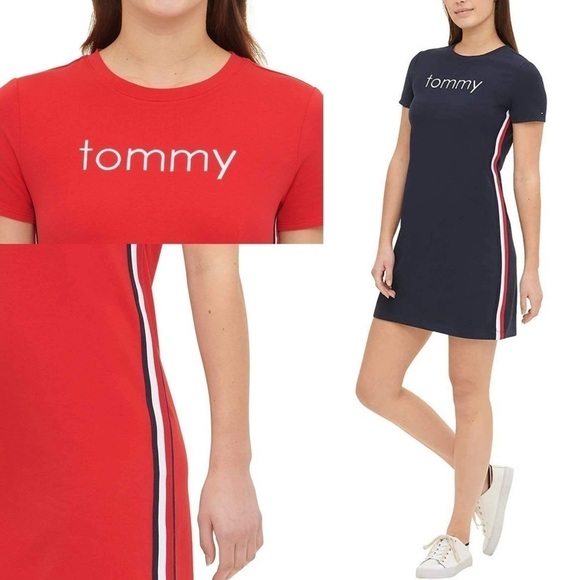 TOMMY HILFIGER LOGO SIDE STRIPE RED COTTON BLEND SHORT SLEEVE TEE SHEATH DRESS - Picture 2 of 15